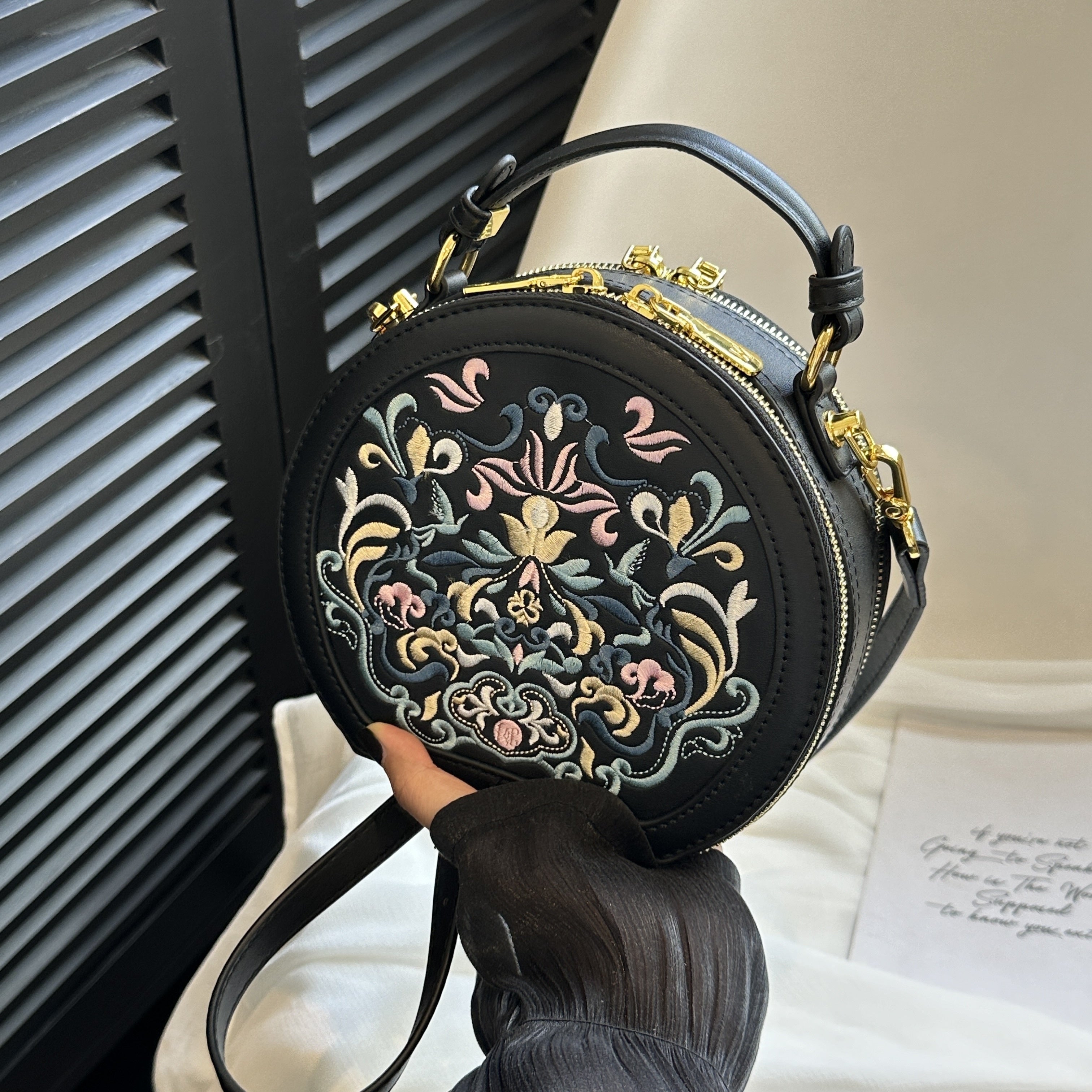 Elegant Floral Embroidered Crossbody Bag - Chic Faux Leather Shoulder Purse with Golden-Tone Hardware, Zip Closure, and Polyester Lining - Handwash/Dry Clean, Multicolor