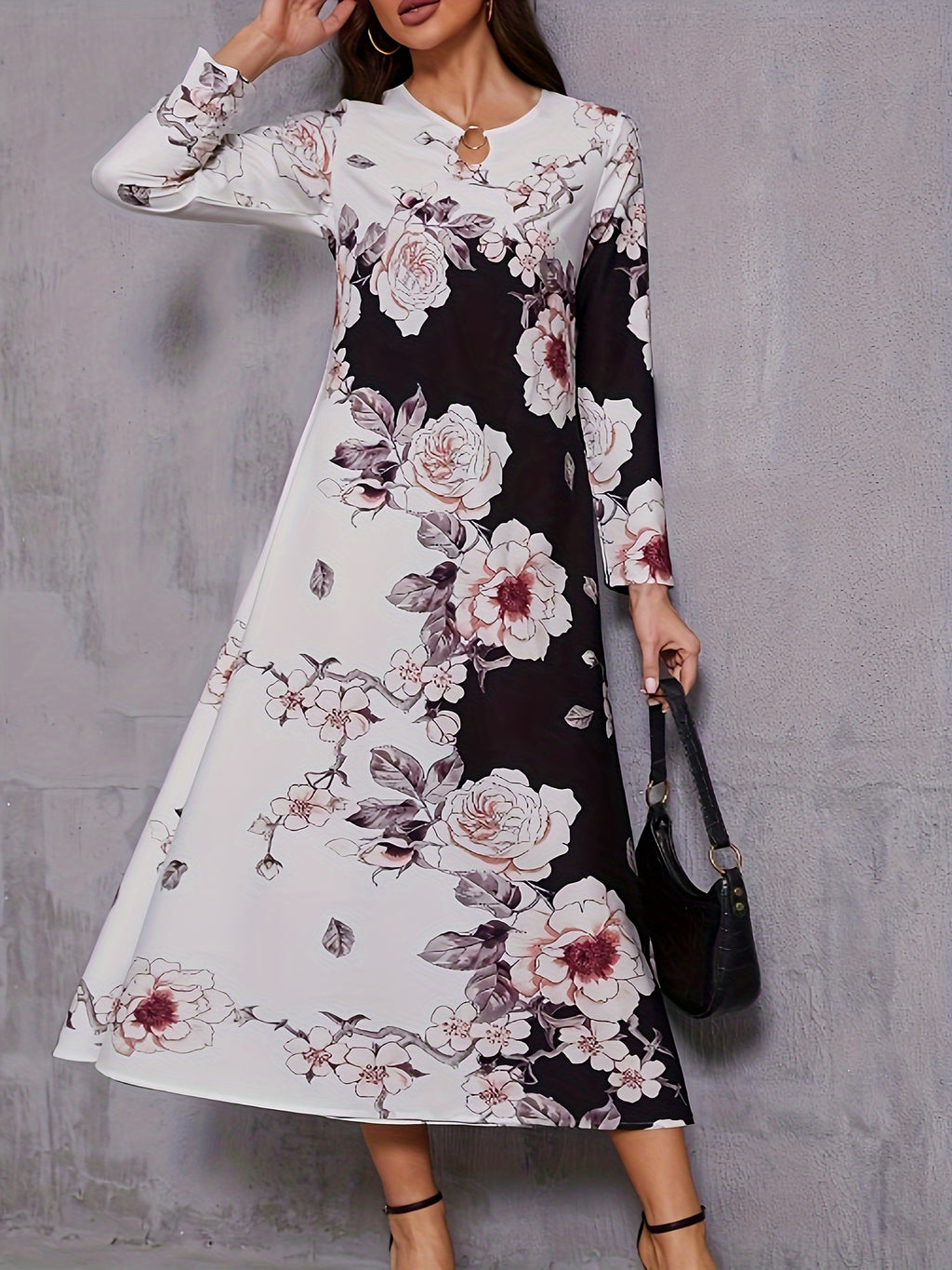 Floral Print Keyhole Dress, Elegant Long Sleeve Crew Neck Maxi Dress, Women's Clothing