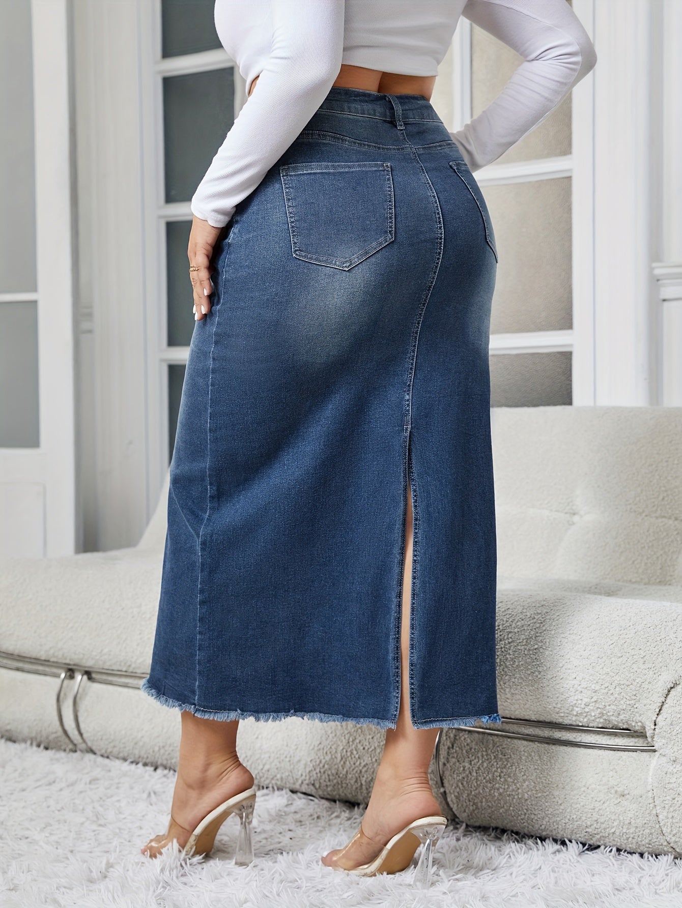 Women's Elegant Denim Skirt, Plus Size Washed Raw Trim Button Fly High Rise High Stretch Midi Denim Skirt