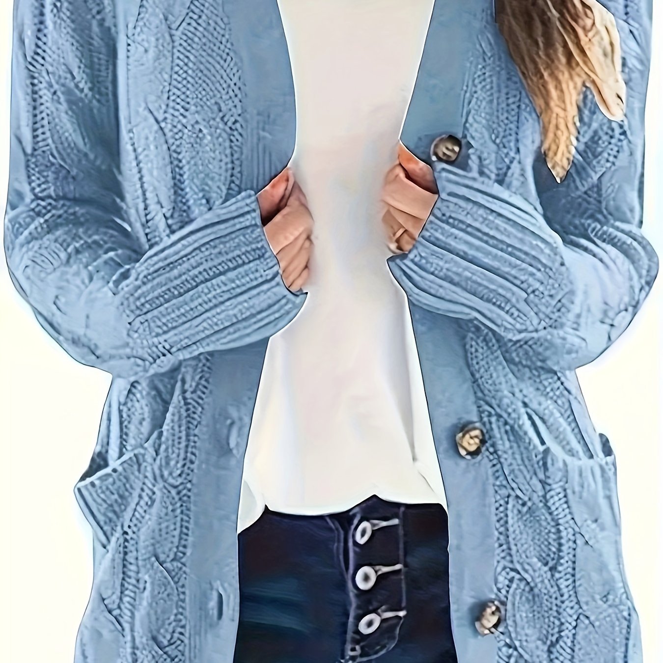 Plus Size Side Pockets Button Front Cardigans, Casual V Neck Solid Color Long Sleeve Cable Knit Cardigans Top For Winter & Fall, Women's Plus Size Clothing