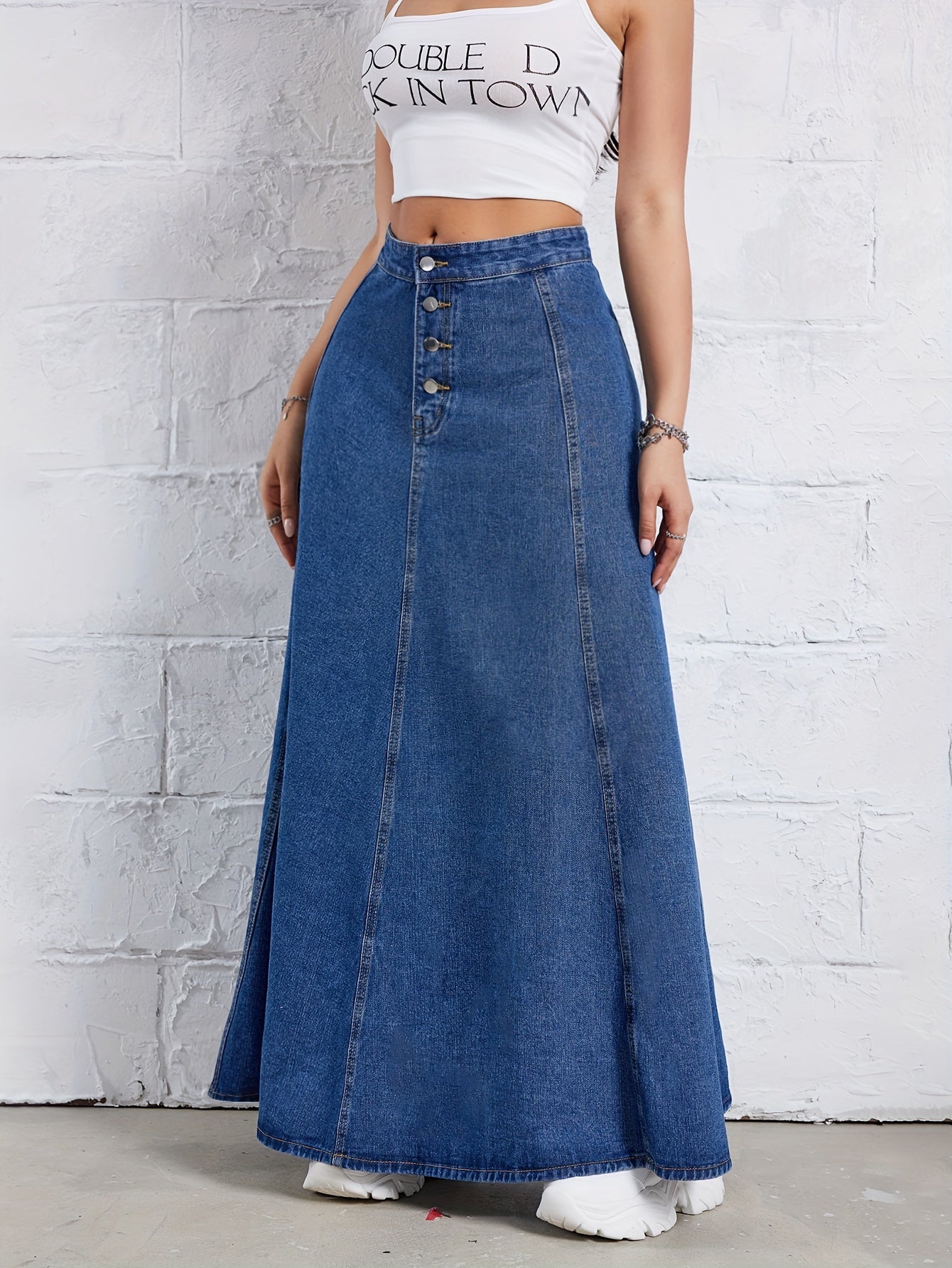 Plain Washed Blue Denim Skirt, Elegant High Rise Maxi Denim Skirt, Women's Denim Jeans & Clothing