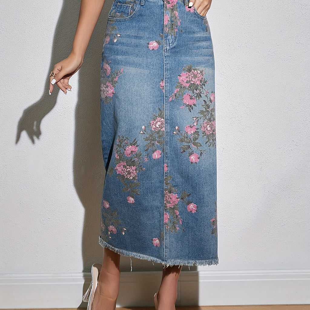 Floral Print Raw Hem Maxi Denim Skirt, Elegant Whiskering Slash Pocket High Rise Denim Skirt, Women's Denim Jeans & Clothing
