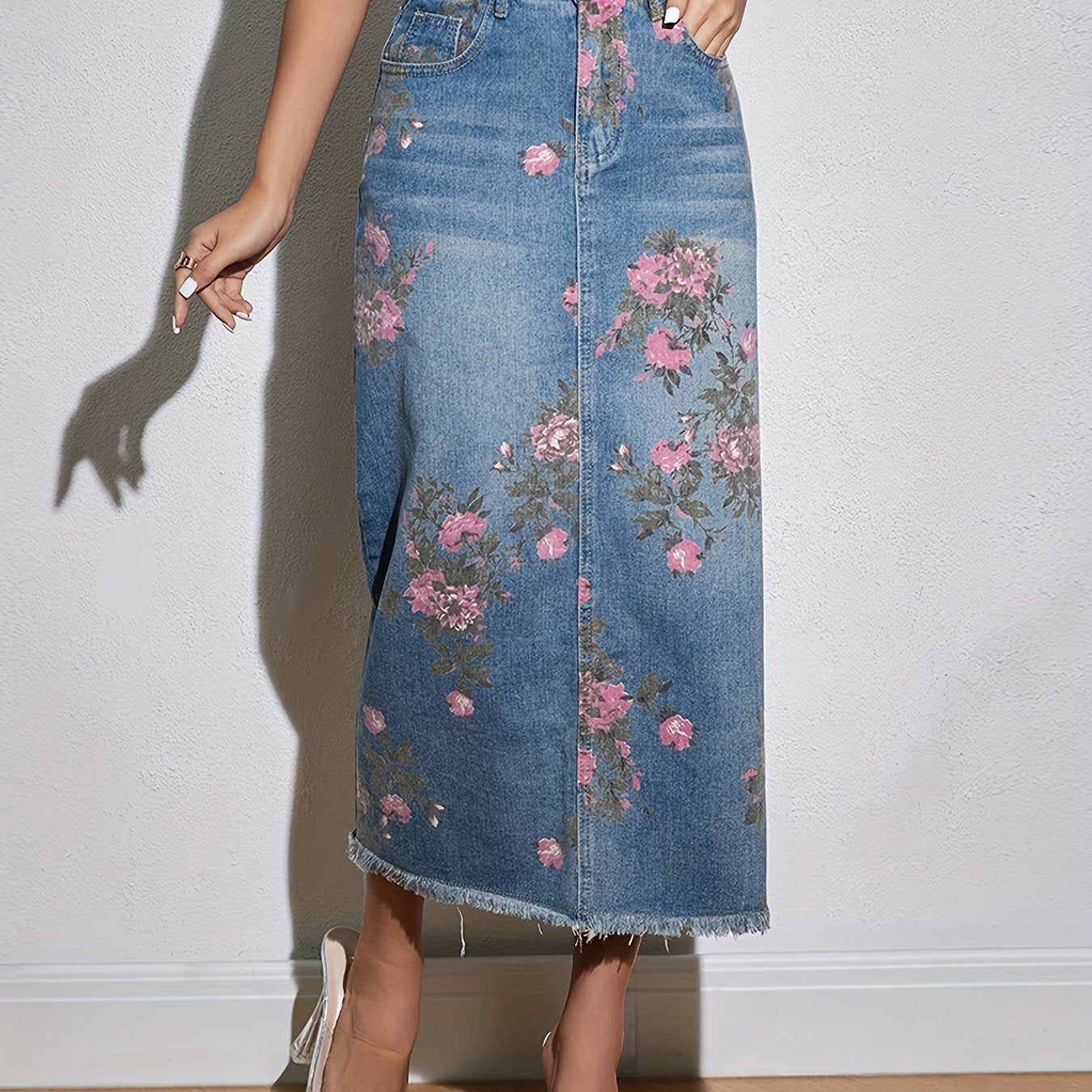 Floral Print Raw Hem Maxi Denim Skirt, Elegant Whiskering Slash Pocket High Rise Denim Skirt, Women's Denim Jeans & Clothing