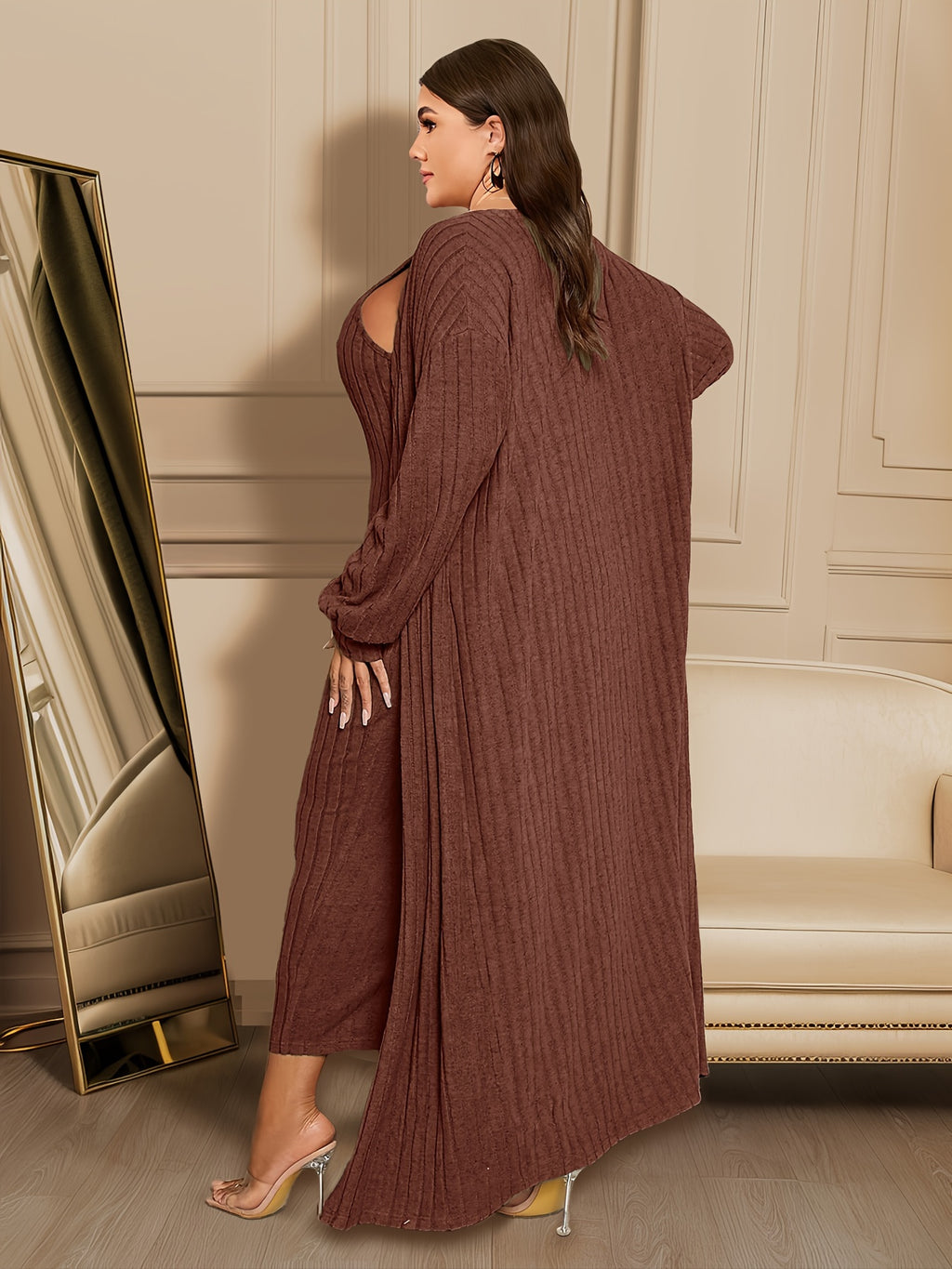 Plus Size Ribbed Chic Two-Piece Set - Long Sleeve Open Front Cardigan, Sleeveless Dress Outfits, Soft Stretchy Fabric, Flattering Fit, Women's Plus Size Clothing for Curvy Figures
