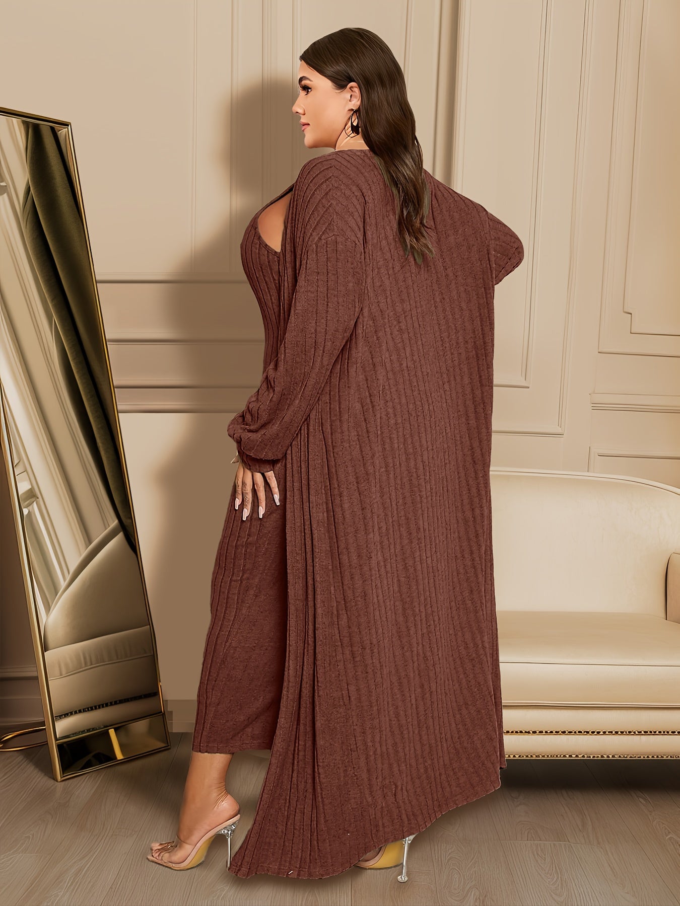 Plus Size Ribbed Chic Two-Piece Set - Long Sleeve Open Front Cardigan, Sleeveless Dress Outfits, Soft Stretchy Fabric, Flattering Fit, Women's Plus Size Clothing for Curvy Figures