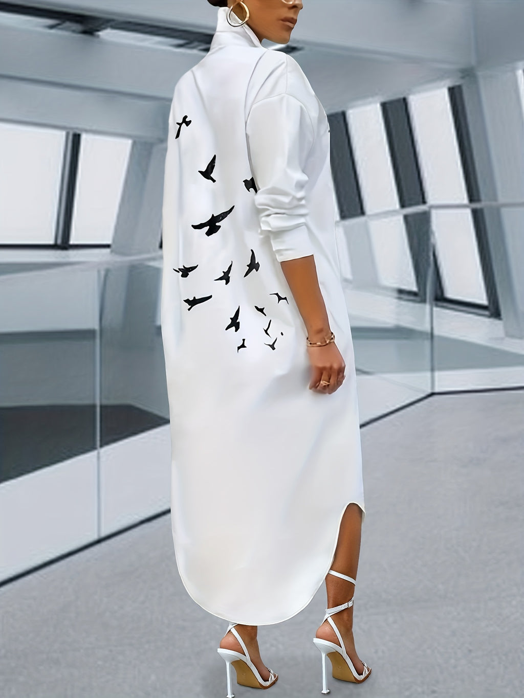 Feather Print Simple Dress, Elegant Button Front Long Sleeve Maxi Dress, Women's Clothing