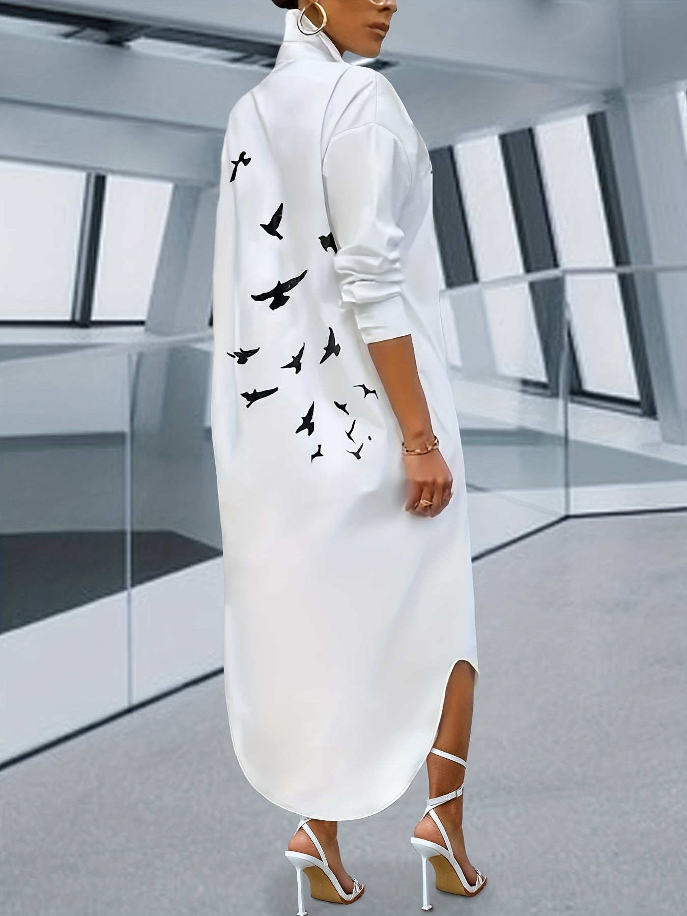 Feather Print Simple Dress, Elegant Button Front Long Sleeve Maxi Dress, Women's Clothing