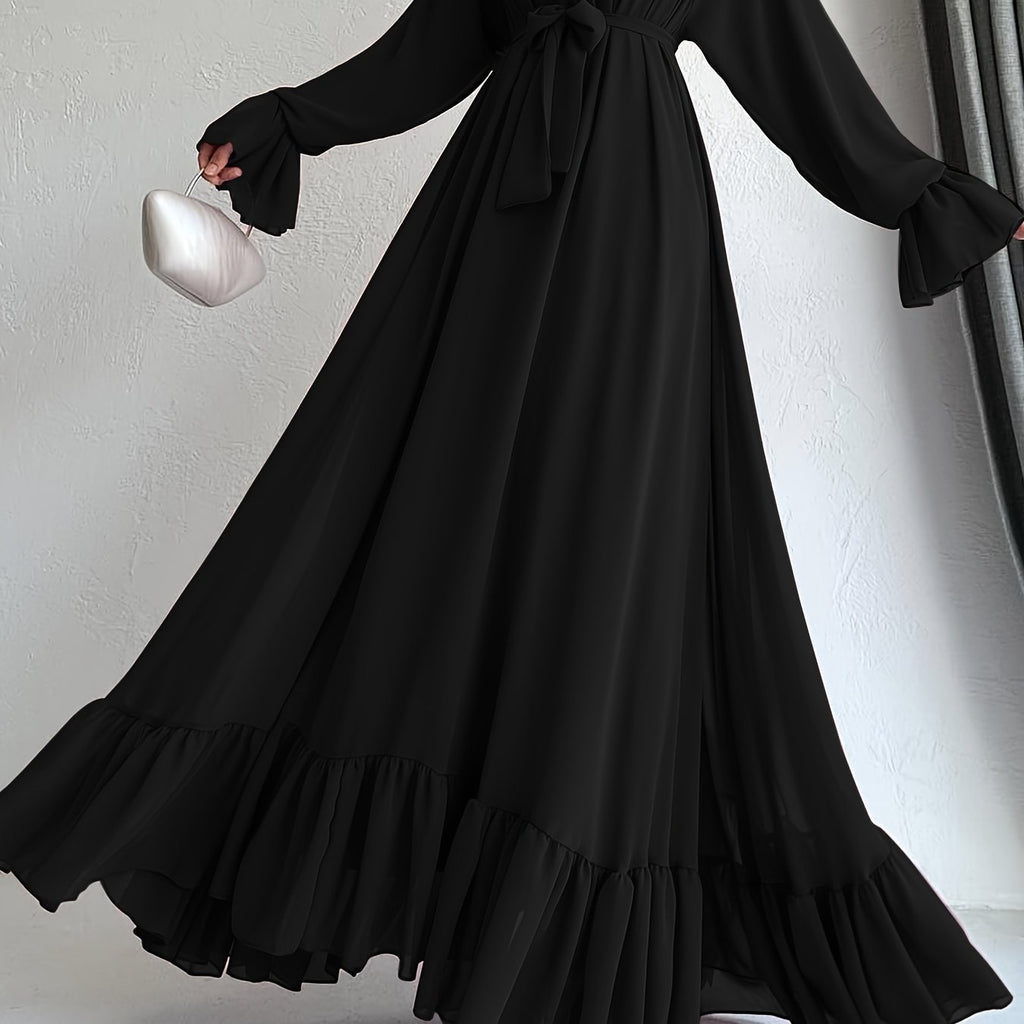 Stunning Solid Color Belted Peplum Maxi Dress - Elegant Abayas for Women with Long Sleeves, Pleated Design, and Flattering Silhouette for Spring and Fall Seasons - Chic and Modest Clothing for Ladies