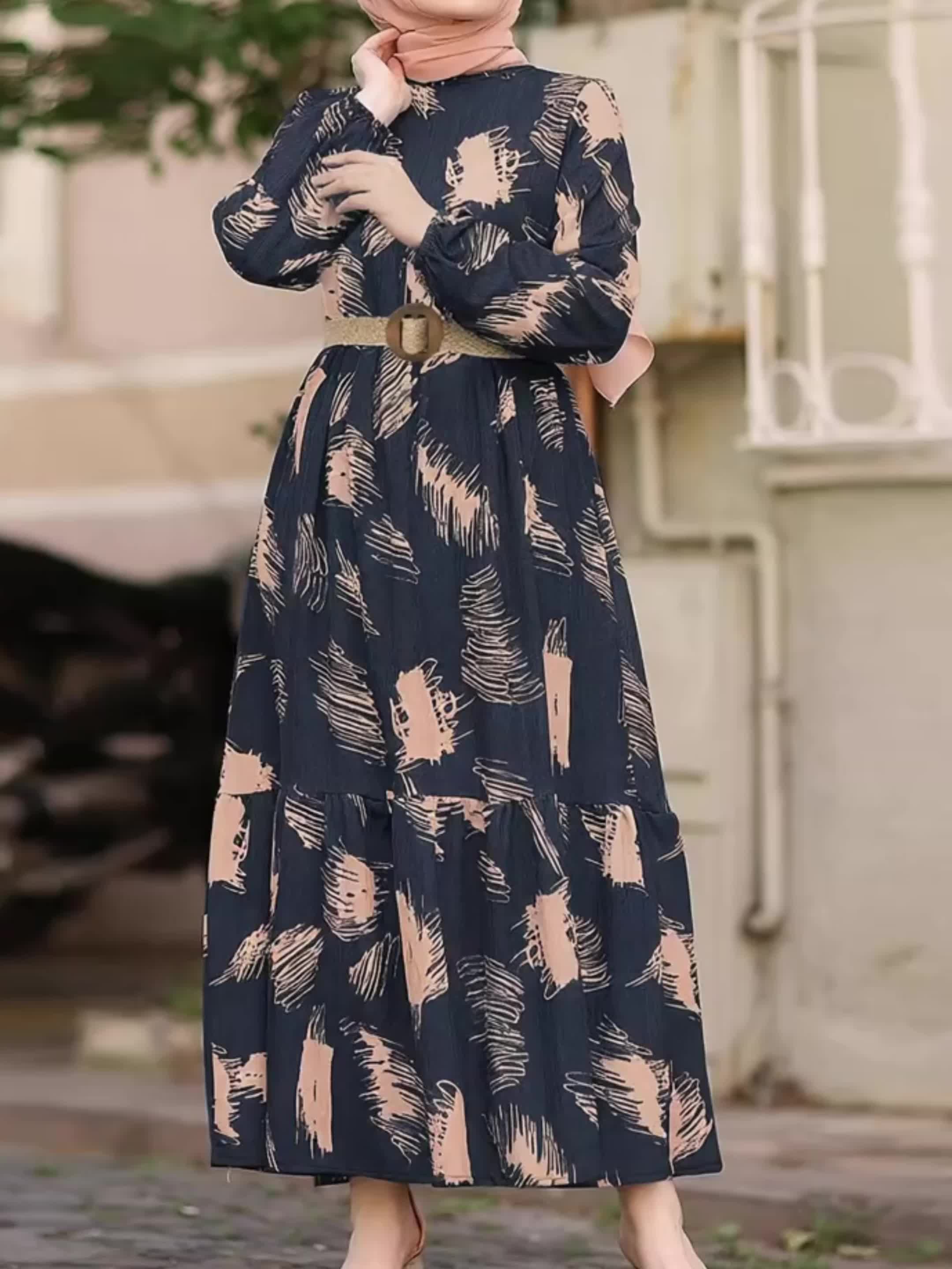 Ramadan All Over Print Crew Neck Kaftan, Casual Long Sleeve Maxi Dress, Women's Clothing