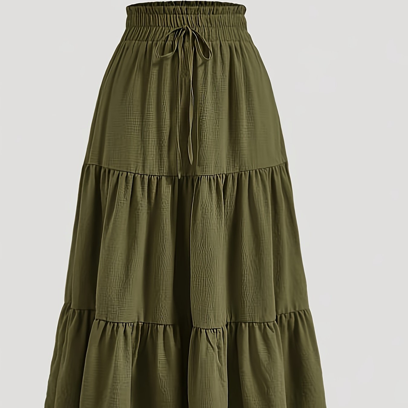 Plus Size Solid Ruched Tiered Skirt, Casual Elastic Waist Midi Skirt For Spring & Summer, Women's Plus Size Clothing
