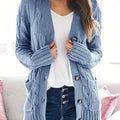 Plus Size Side Pockets Button Front Cardigans, Casual V Neck Solid Color Long Sleeve Cable Knit Cardigans Top For Winter & Fall, Women's Plus Size Clothing