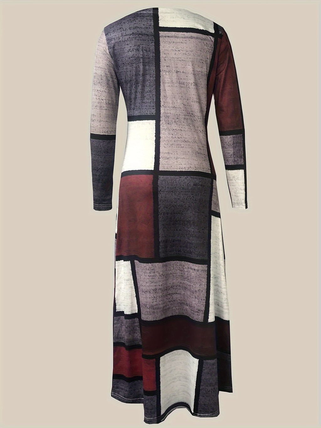 Vibrant Patchwork Print Maxi Dress - Soft Crew Neck, Long Sleeve, Comfortable Casual Wear for Women - Stylish, Relaxed Fit, Perfect for Daily Life, Outdoor Activities, and Travel