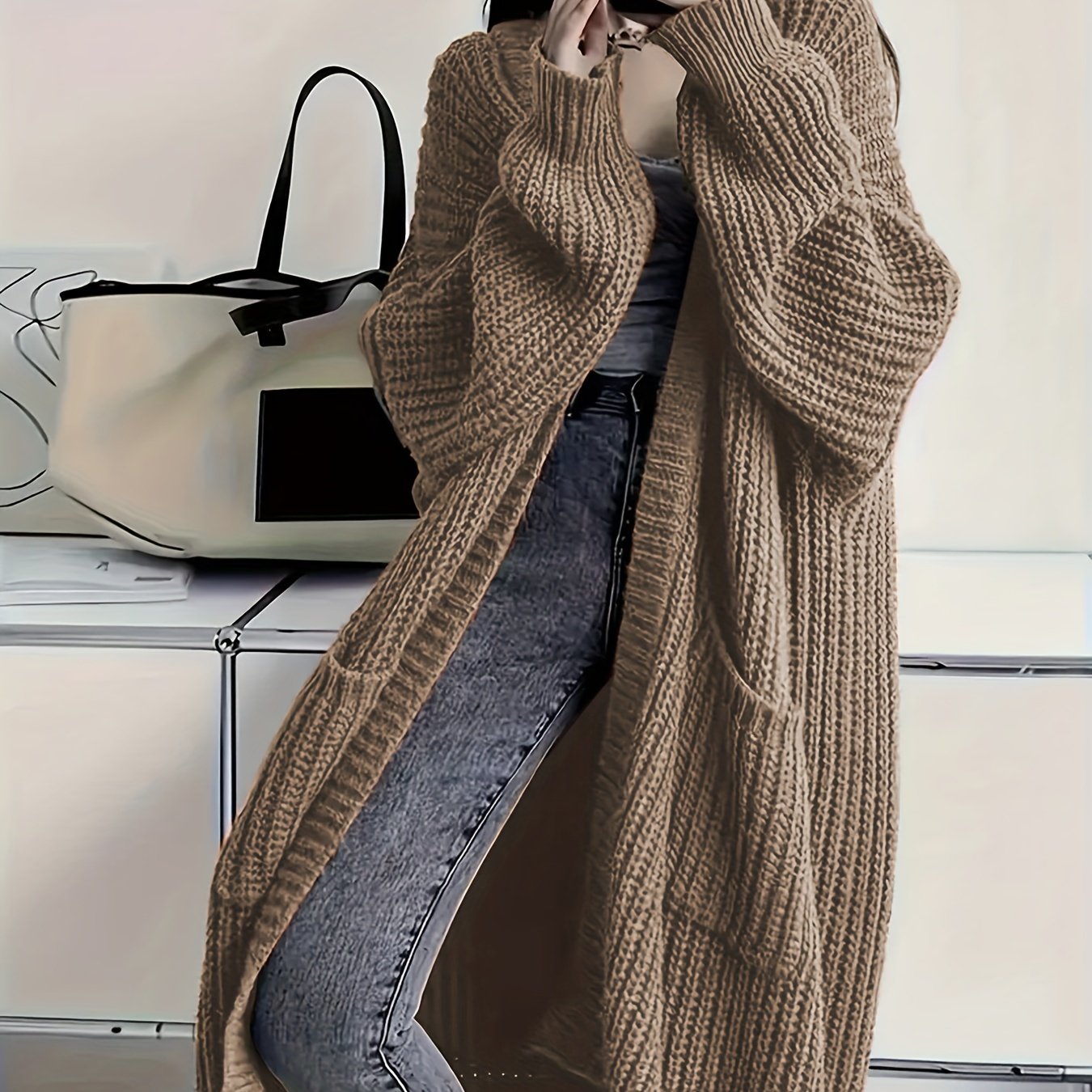 Plus Size Open Front Loose Knit Cardigan, Casual Long Sleeve Long Length Cardigan With Pocket, Women's Plus Size Clothing