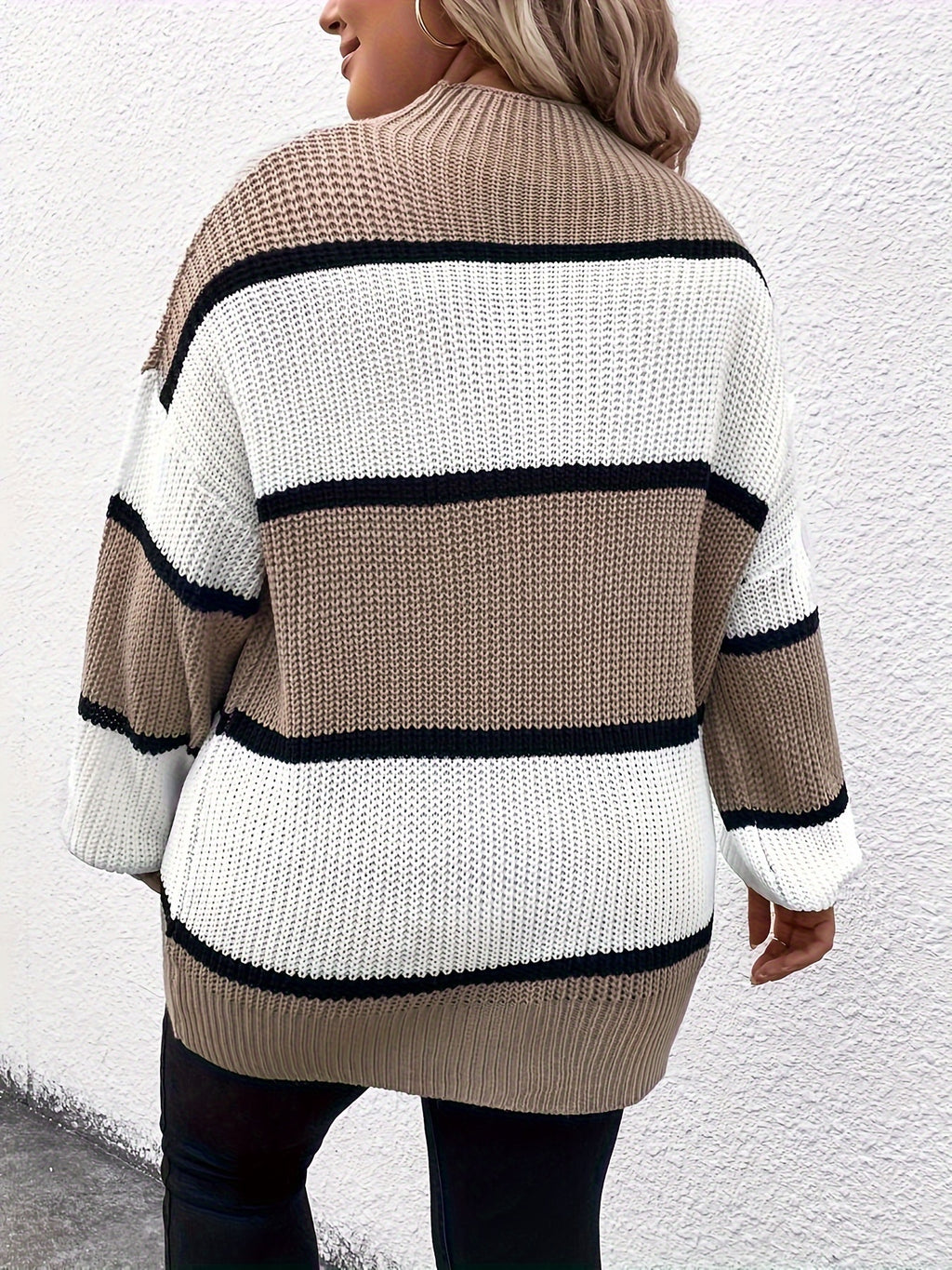 Plus Size Stripe Pattern Color Block Mock Neck Sweater, Elegant Drop Shoulder Long Sleeve Sweater For Fall & Winter, Women's Plus Size Clothing