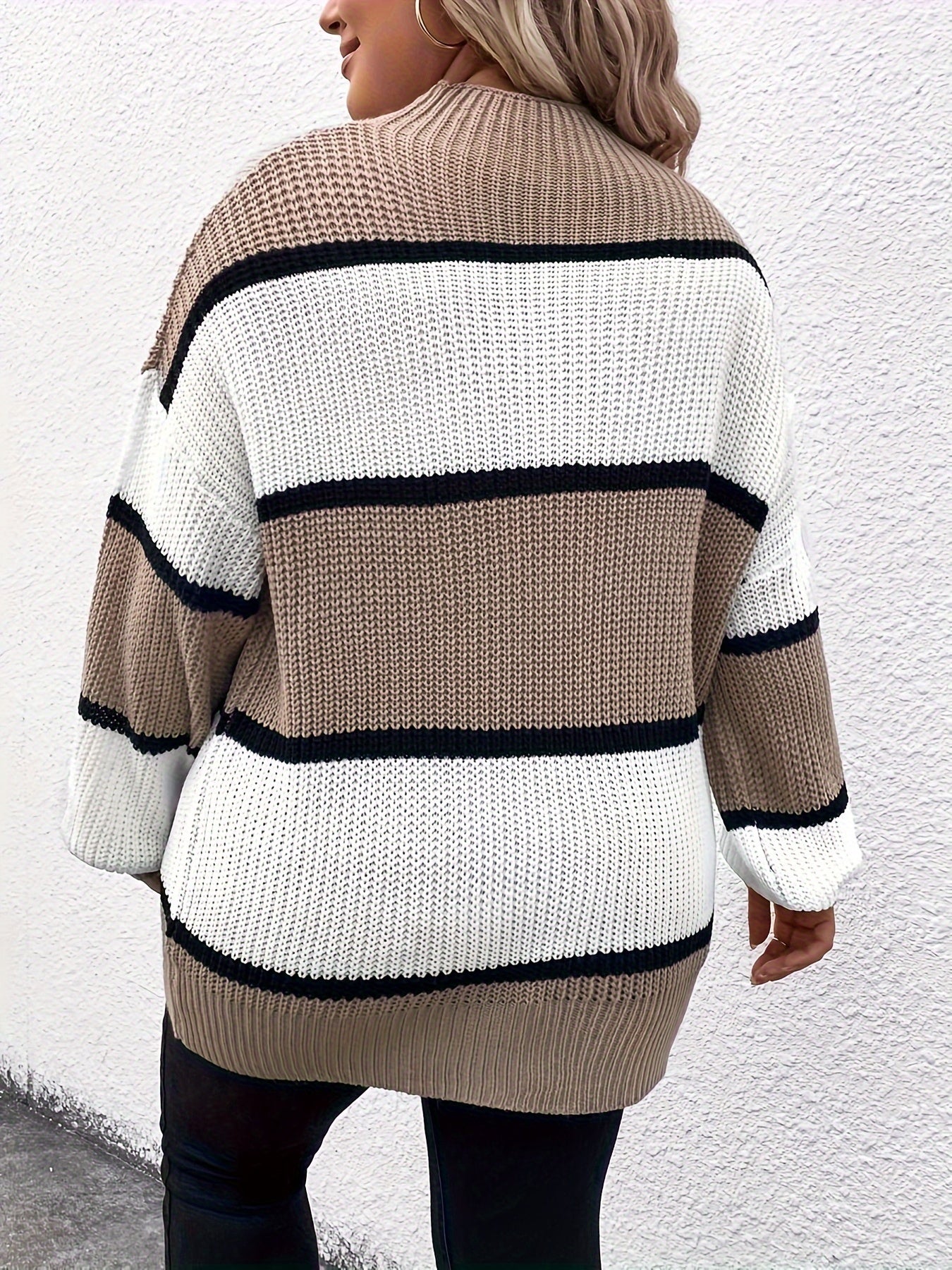 Plus Size Stripe Pattern Color Block Mock Neck Sweater, Elegant Drop Shoulder Long Sleeve Sweater For Fall & Winter, Women's Plus Size Clothing