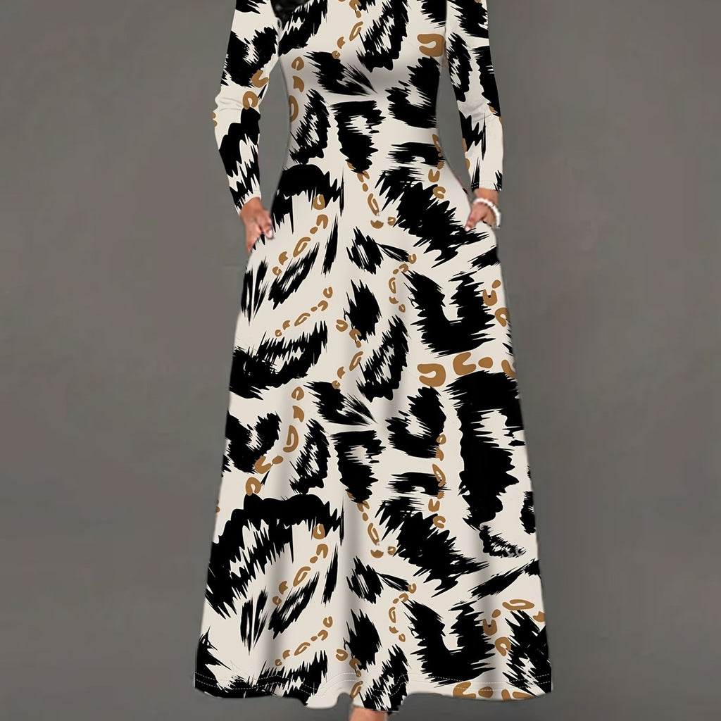 Stylish Women's Long Sleeve Maxi Dress with Pockets - Elegant Leopard Print, Crew Neck, Stretchy Polyester Blend for Fall/Winter