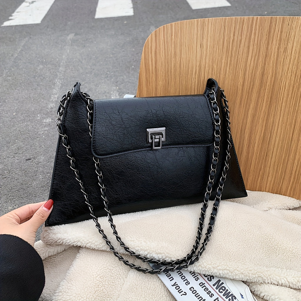 Vintage Glam Metal Chain Baguette Bag - Chic Underarm Purse with Premium Faux Leather Texture and Timeless Chain Strap - Versatile Fashion Accessory