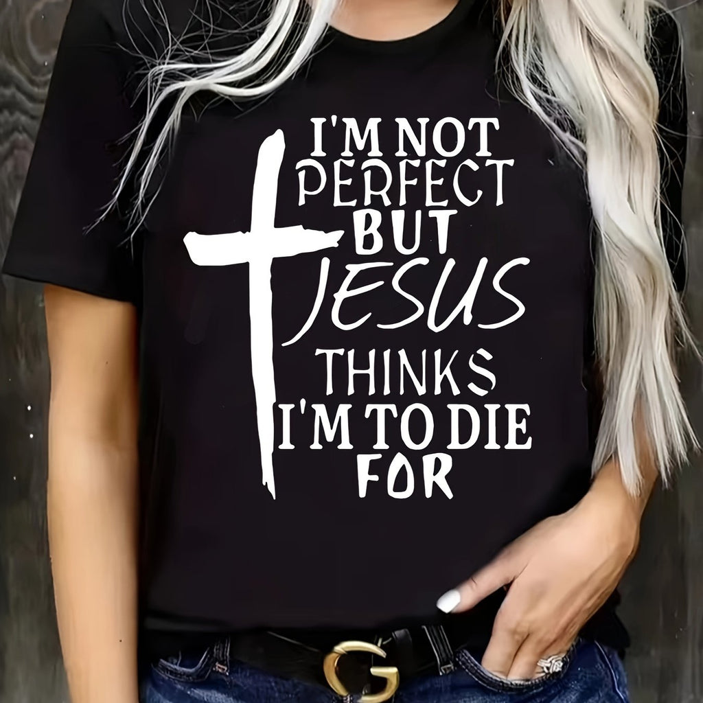 Plus Size Cross & Letter Print T-Shirt, Casual Short Sleeve Top For Spring & Summer, Women's Plus Size Clothing