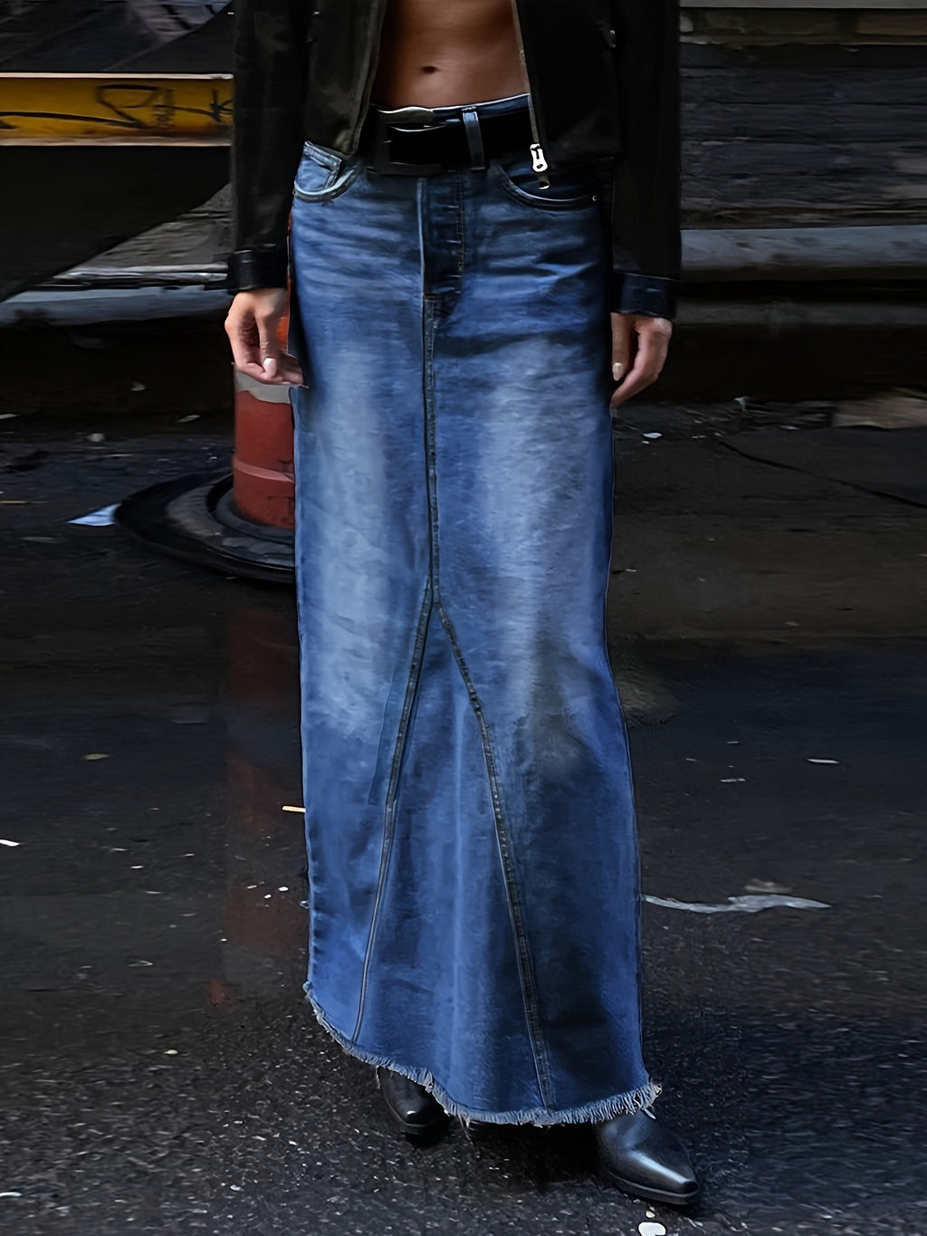 Raw Hem Slash Pocket Maxi Denim Skirt, Plain Washed Blue Whiskering Denim Skirt, Women's Denim Jeans & Clothing