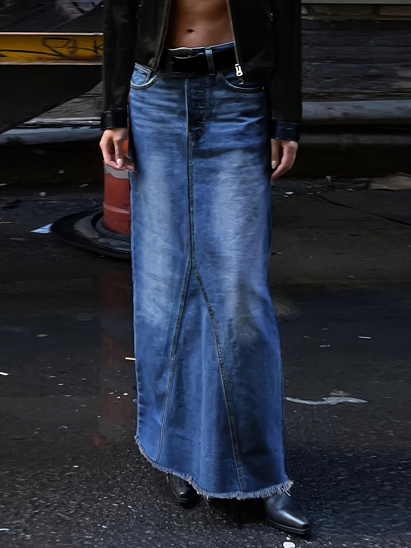 Raw Hem Slash Pocket Maxi Denim Skirt, Plain Washed Blue Whiskering Denim Skirt, Women's Denim Jeans & Clothing