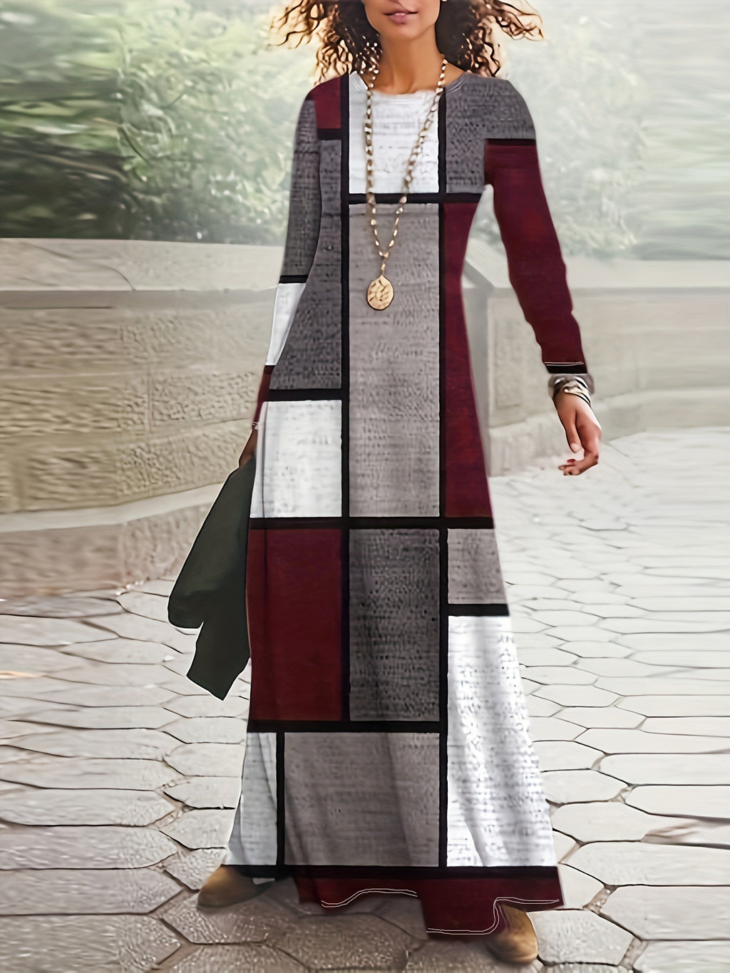 Vibrant Patchwork Print Maxi Dress - Soft Crew Neck, Long Sleeve, Comfortable Casual Wear for Women - Stylish, Relaxed Fit, Perfect for Daily Life, Outdoor Activities, and Travel