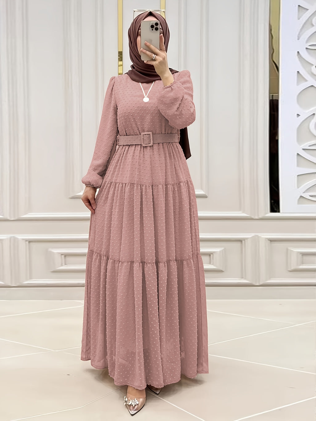 Stunning Swiss Dot Kaftan Maxi Dress - Elegant Long Sleeve, Tie Waist, Flowy Design, Comfortable Women's Clothing for Everyday Wear