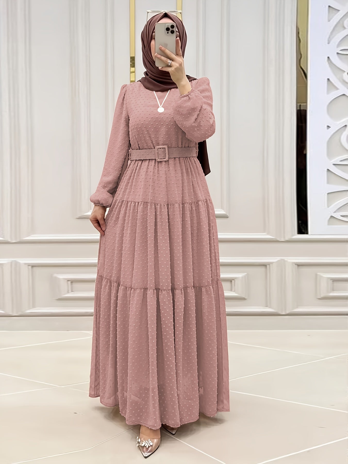 Stunning Swiss Dot Kaftan Maxi Dress - Elegant Long Sleeve, Tie Waist, Flowy Design, Comfortable Women's Clothing for Everyday Wear