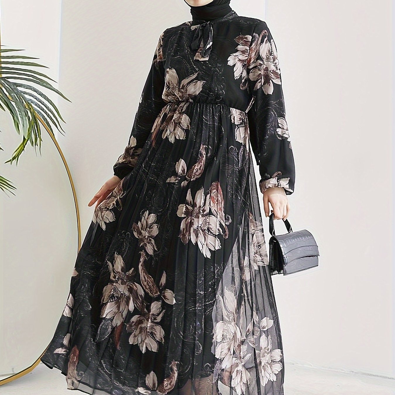 [Modest Kaftan Dress] Modest Long Sleeve Floral Print Kaftan Dress | Women's Pleated Flowy Maxi Dress, Clothing