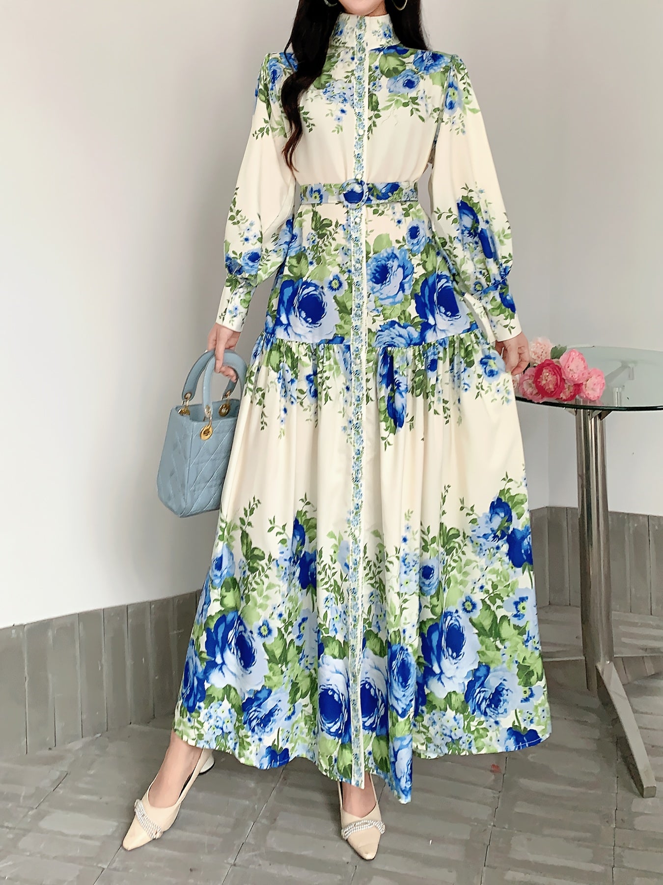 1pc Elegant Vintage Floral Chiffon Dress for Women - Long Sleeve Stand Collar Maxi Dress with Belt Detail, Regular Fit Woven Dress for All Seasons