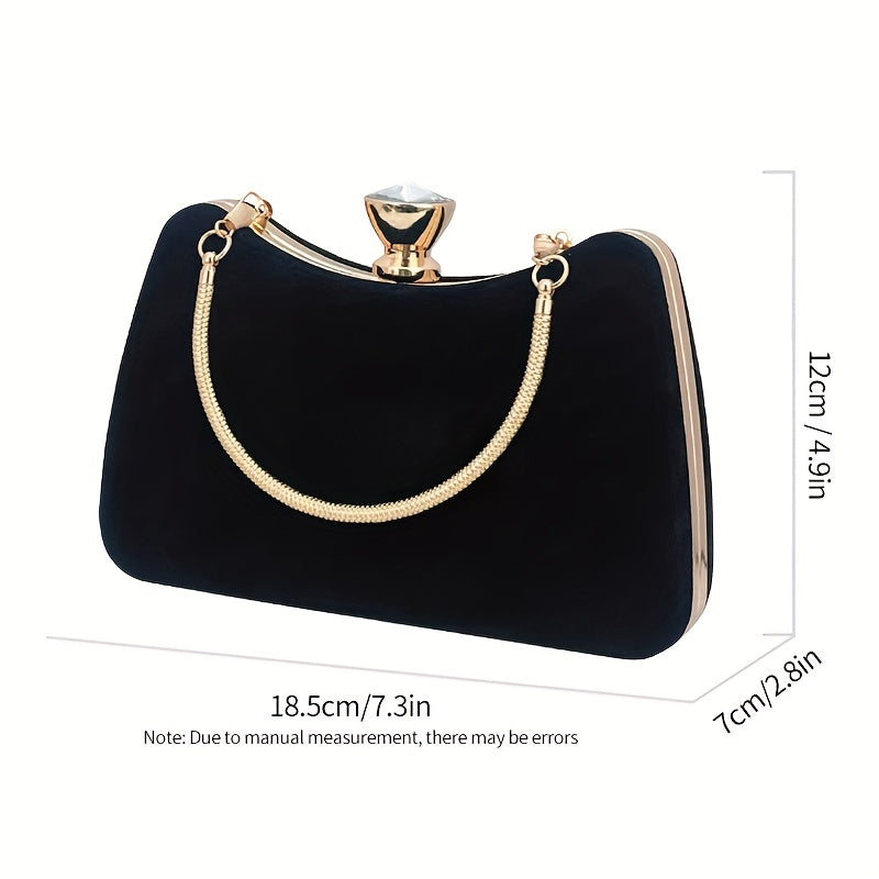 Women'S Elegant Black Luxury Evening Clutch Handbag with Golden-Tone Hardware - Structured Round Top & Chain Strap, Formal Party Purse for Special Occasions, Sophisticated Accessory, Golden-Tone Buckle Closure