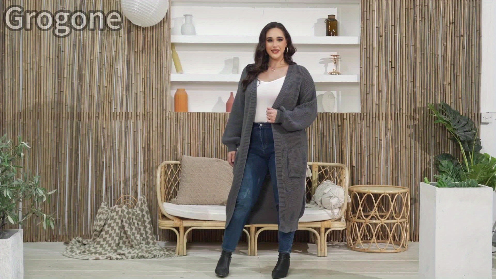 Plus Size Open Front Loose Knit Cardigan, Casual Long Sleeve Long Length Cardigan With Pocket, Women's Plus Size Clothing