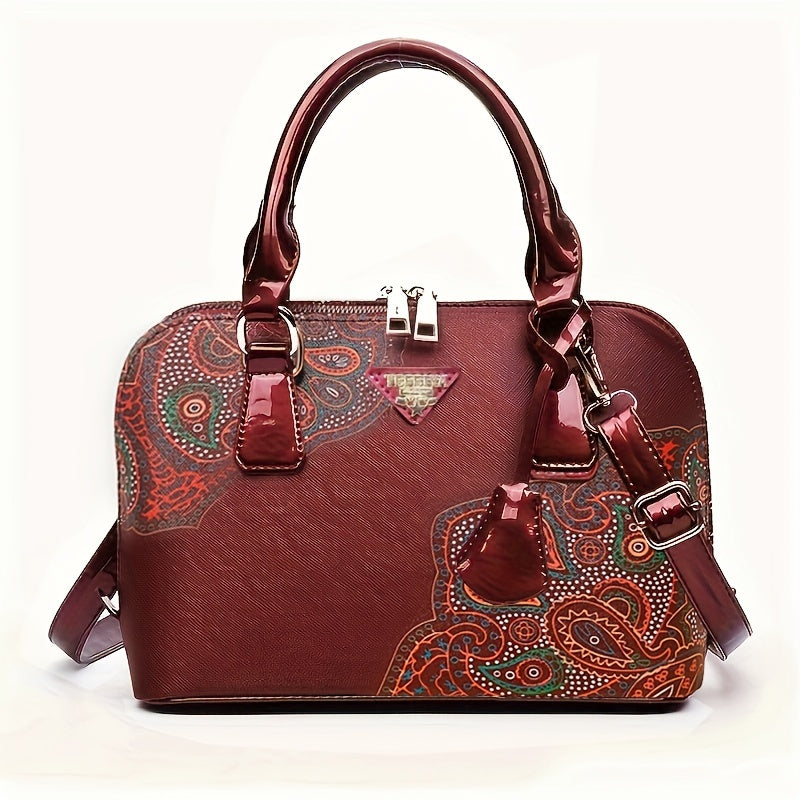 Stylish Floral Print Boston Bag - Spacious Top Handle Crossbody Handbag with Adjustable Shoulder Strap, Elegant Women's Fashion Purse for Daily Use