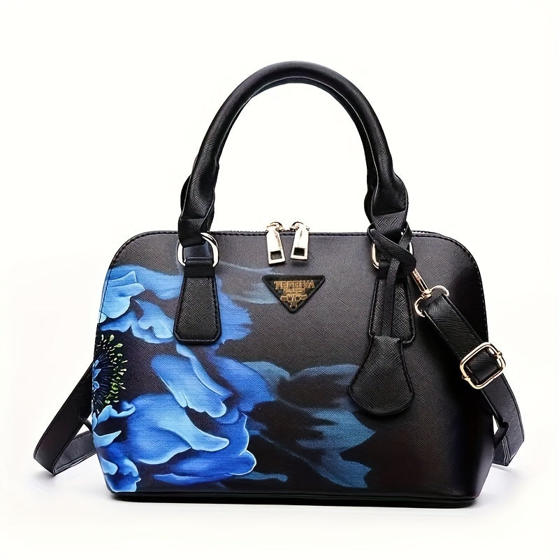 Stylish Floral Print Boston Bag - Spacious Top Handle Crossbody Handbag with Adjustable Shoulder Strap, Elegant Women's Fashion Purse for Daily Use