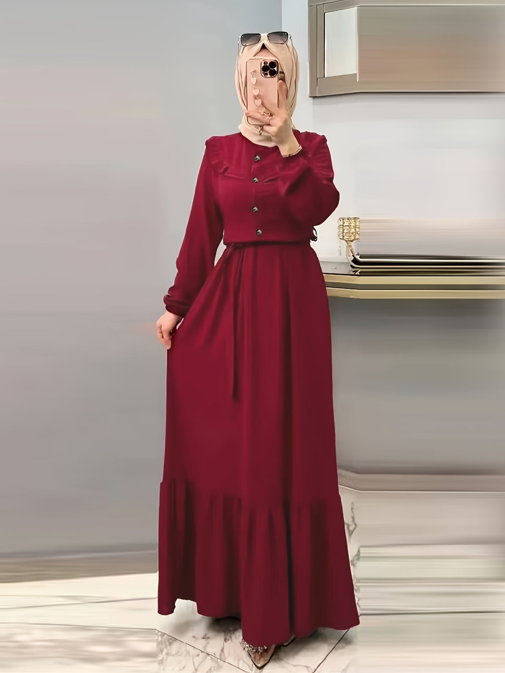 Modest Elegance, Elegant Solid Color Maxi Dress for Women - Casual Long Sleeve with Button Detail, Non-Stretch Polyester Blend, Machine Washable - Perfect for All Seasons
