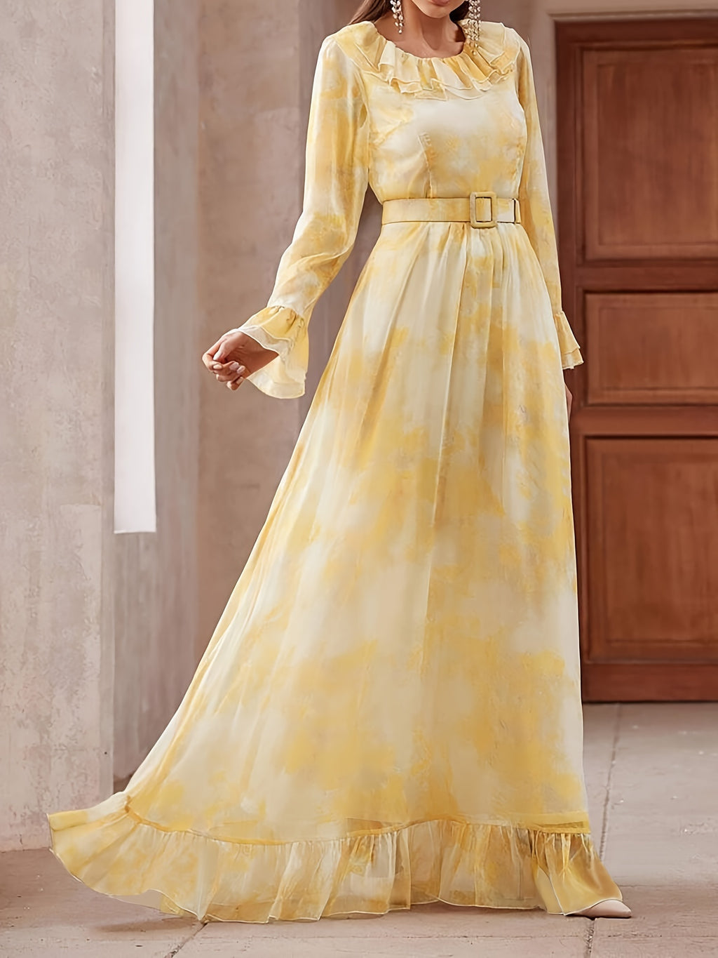 Elegant Long Sleeve Ruffle Hem Swing Maxi Dress for Women, Perfect for Spring & Fall, Flowy and Chic