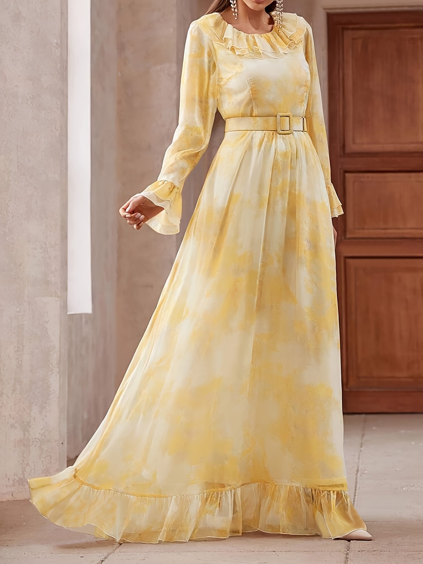 Elegant Long Sleeve Ruffle Hem Swing Maxi Dress for Women, Perfect for Spring & Fall, Flowy and Chic