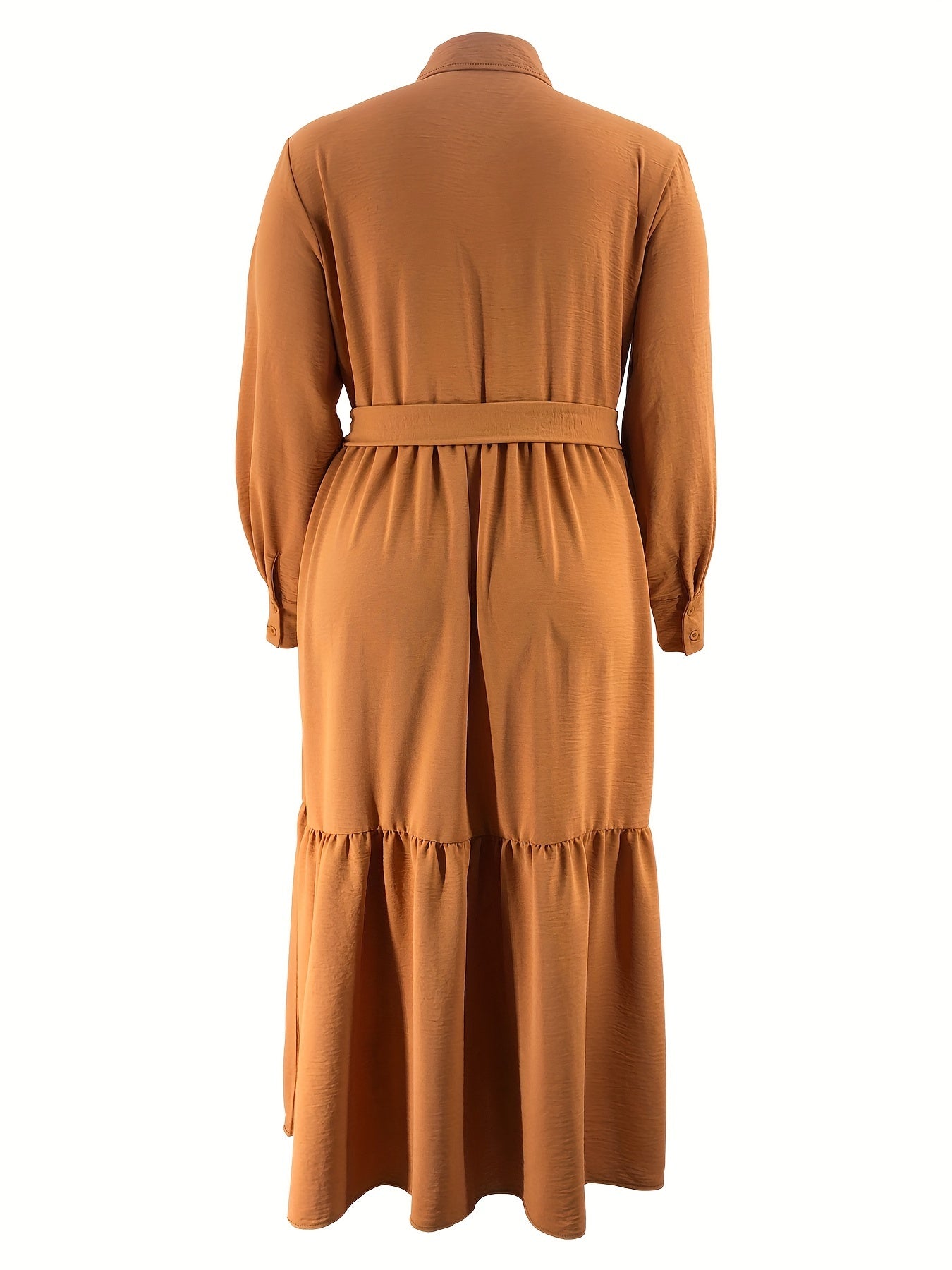 Elegant Solid Color Maxi Dress with Collar and Tie Waist - Button Detail, Non-Stretch Polyester Blend, Machine Washable - Perfect for All Seasons