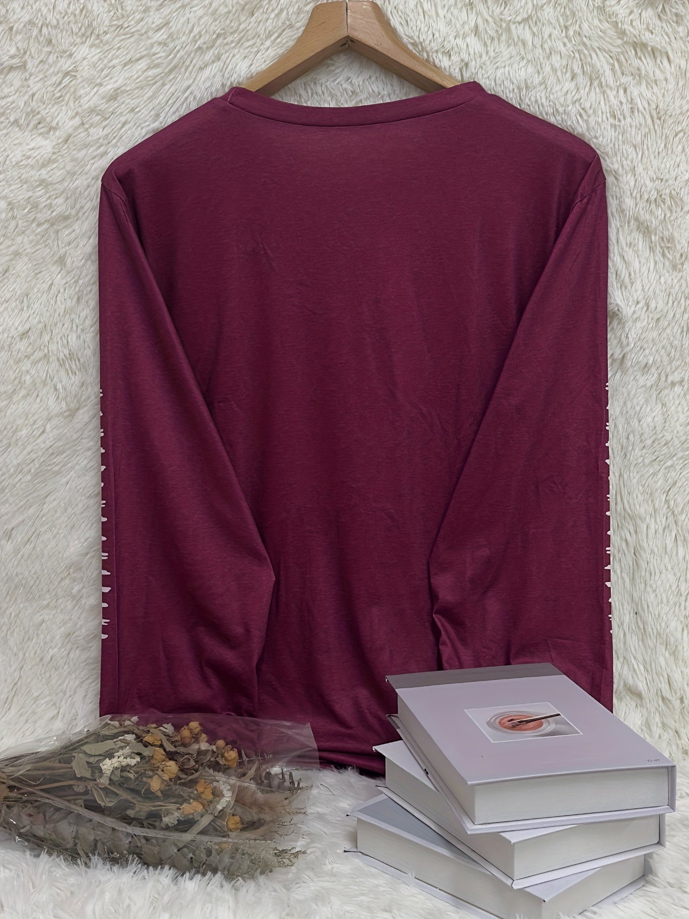 Plus Size Football Print Crew Neck T-shirt, Casual Long Sleeve Top For Spring & Fall, Women's Plus Size Clothing