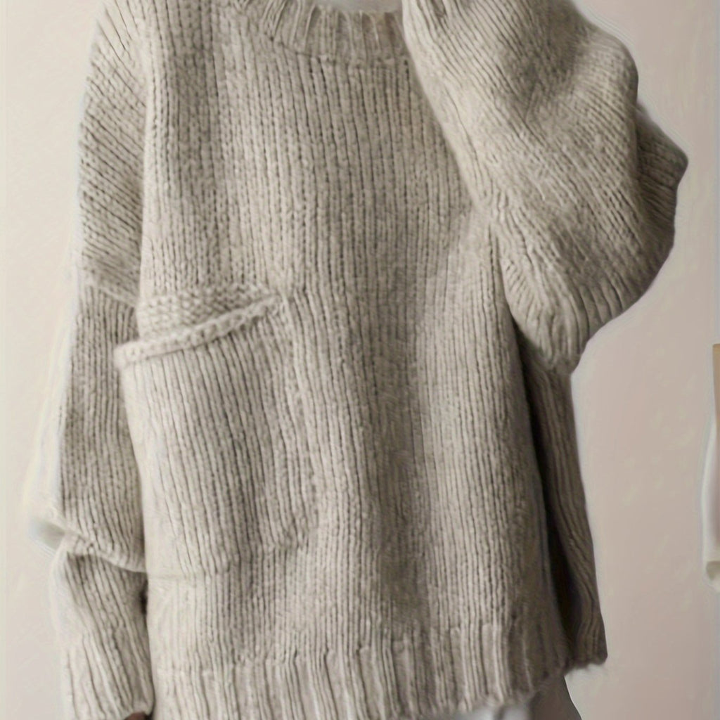 Plus Size Solid Pocket Sweater, Casual Long Sleeve Crew Neck Sweater For Fall & Winter, Women's Plus Size Clothing