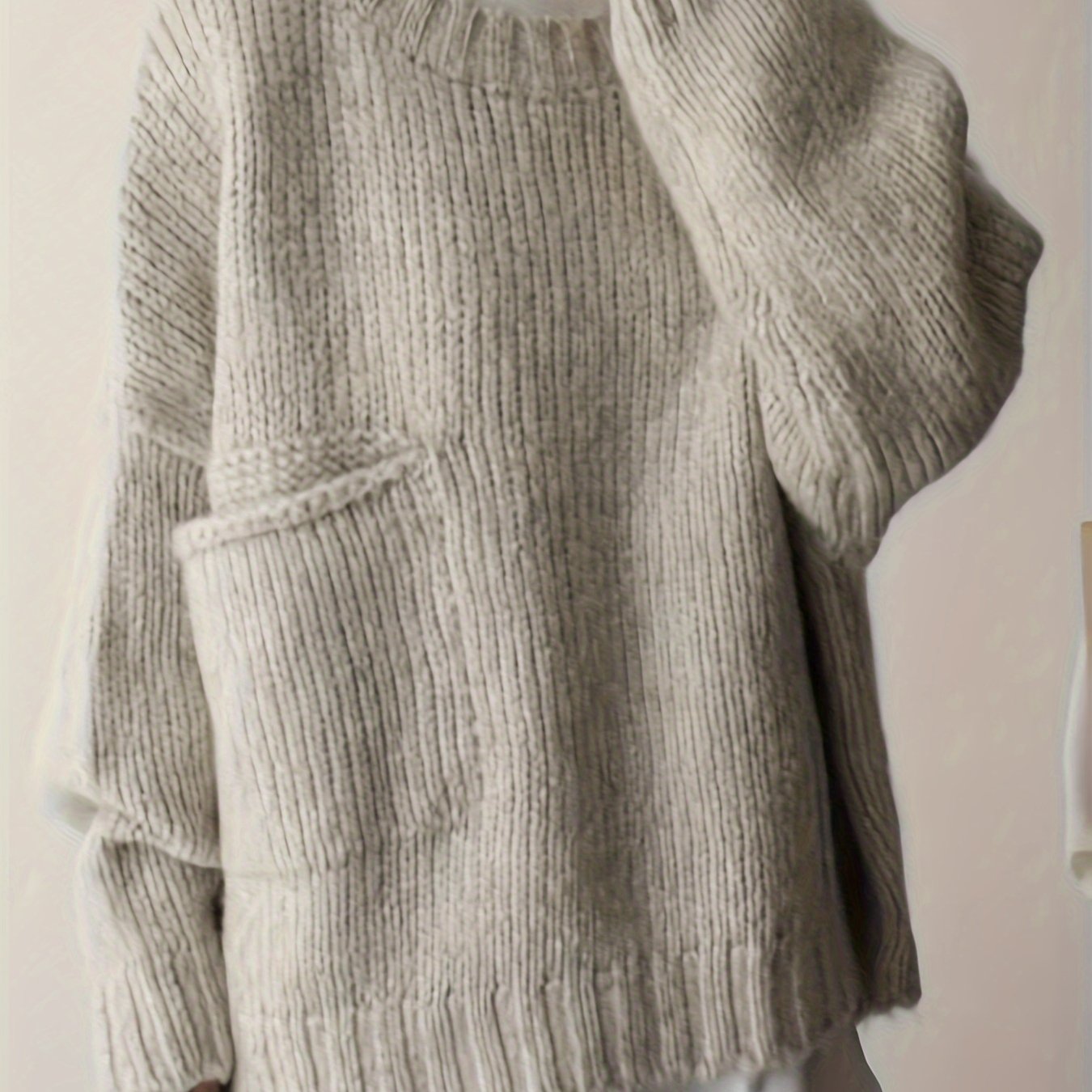 Plus Size Solid Pocket Sweater, Casual Long Sleeve Crew Neck Sweater For Fall & Winter, Women's Plus Size Clothing