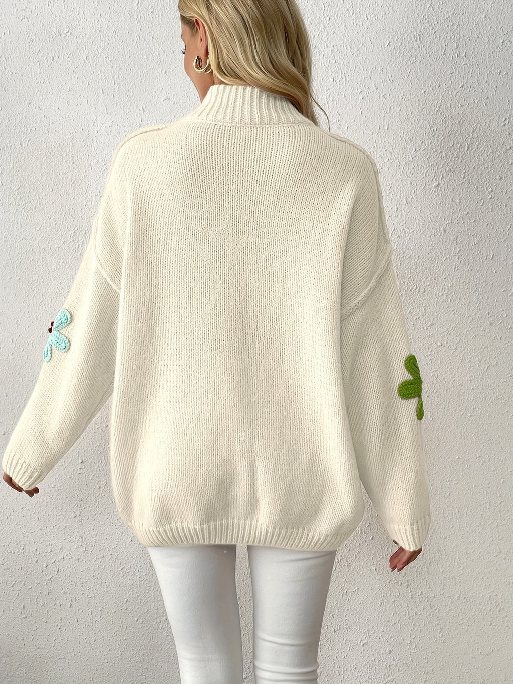 Plus Size Floral Applique Knit Sweater, Casual Long Sleeve High Neck Top For Fall & Winter, Women's Plus Size Clothing