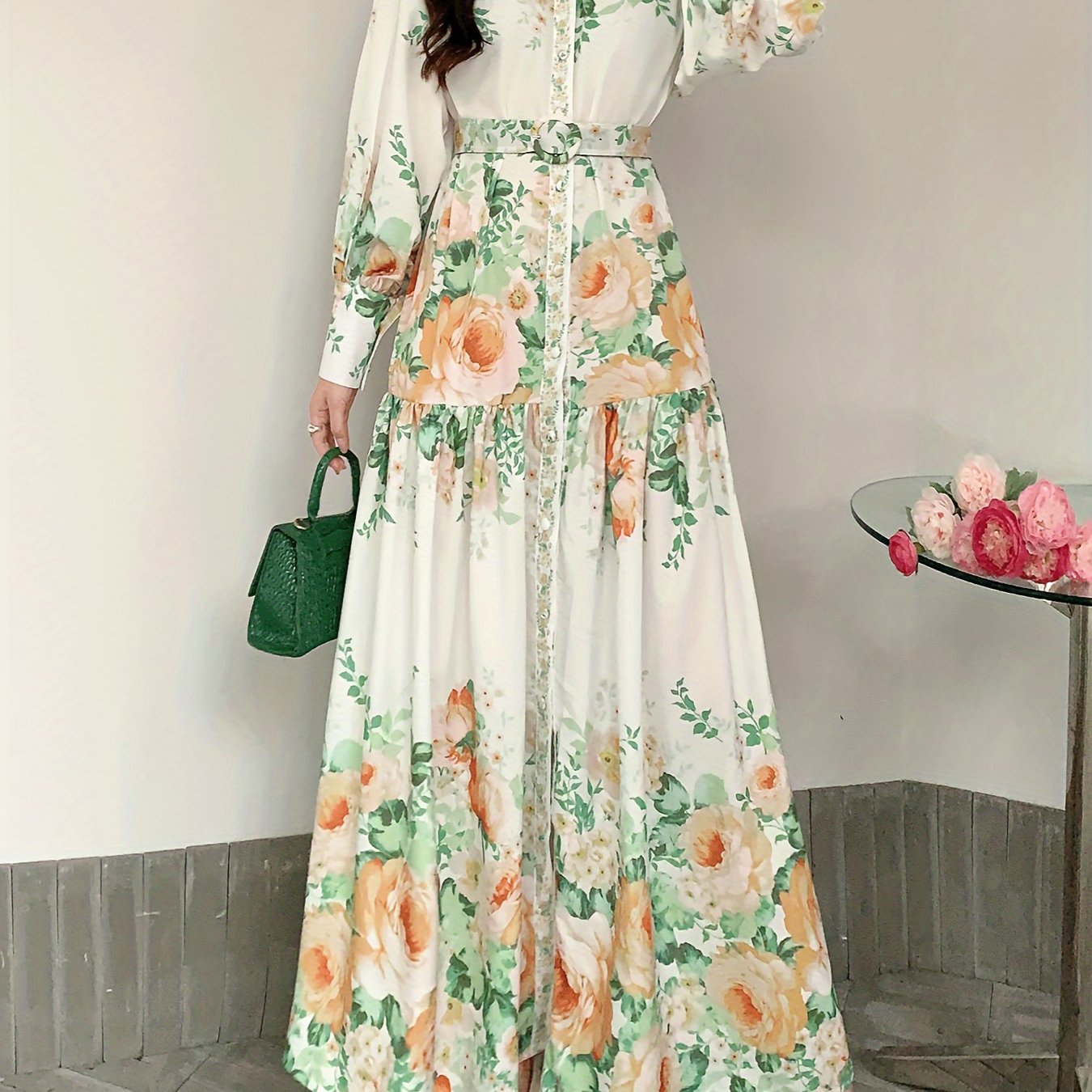 1pc Elegant Vintage Floral Chiffon Dress for Women - Long Sleeve Stand Collar Maxi Dress with Belt Detail, Regular Fit Woven Dress for All Seasons