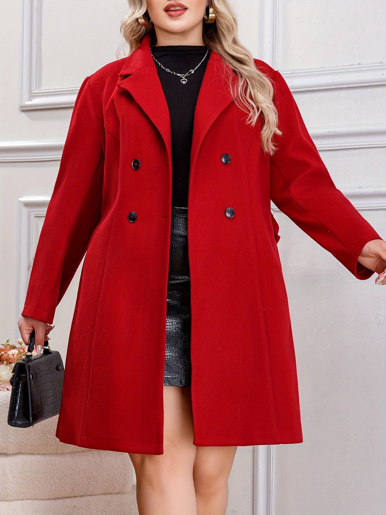 Plus Size Solid Color Double Breasted Overcoat, Elegant Lapel Neck Long Sleeve Outerwear For Fall & Winter, Women's Plus Size Clothing