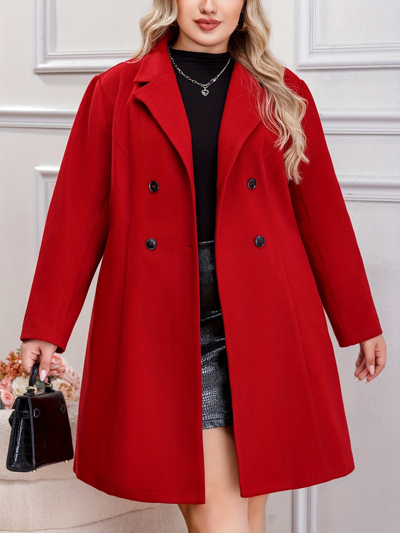 Plus Size Solid Color Double Breasted Overcoat, Elegant Lapel Neck Long Sleeve Outerwear For Fall & Winter, Women's Plus Size Clothing