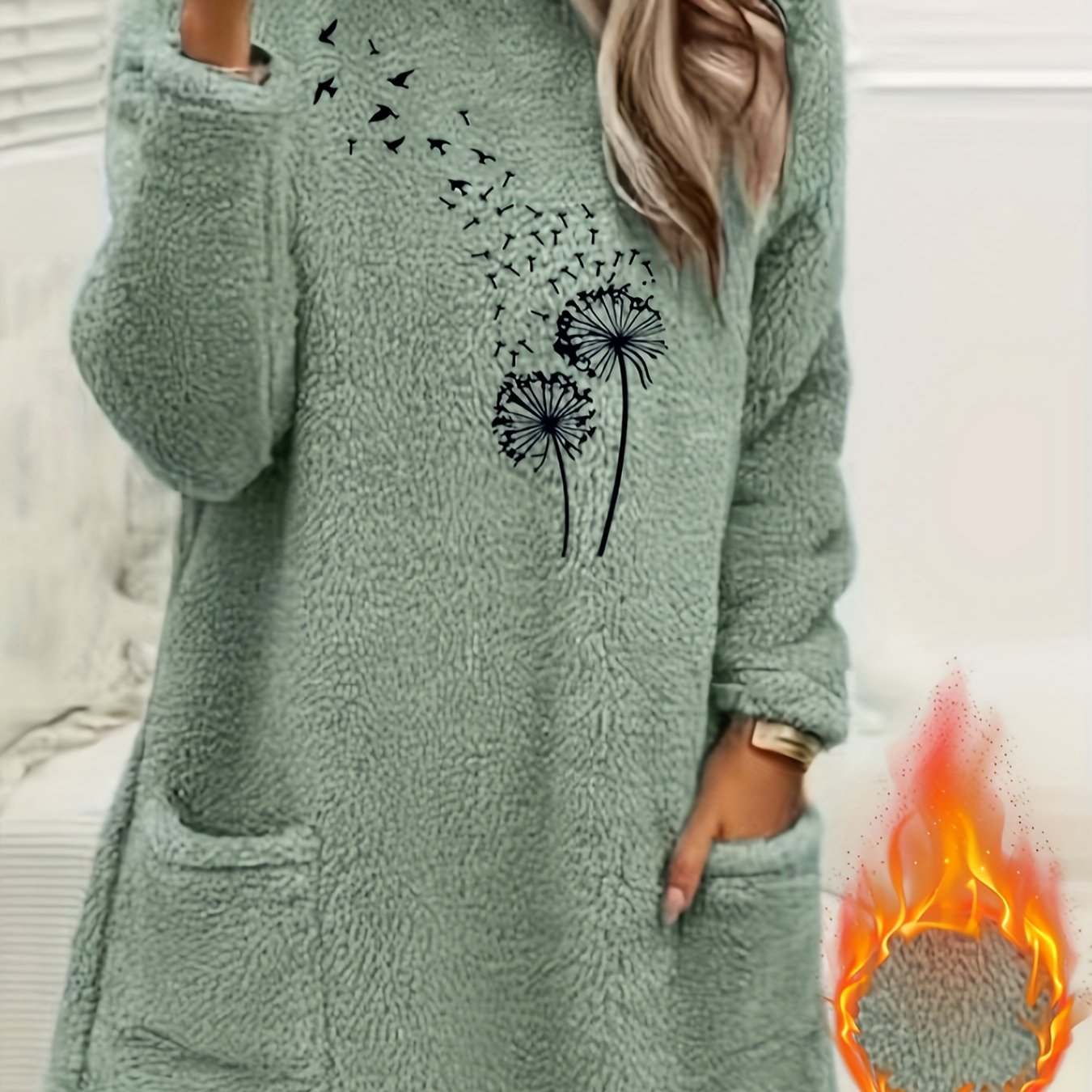 Women'S Cozy Fleece-Lined Long Sleeve Pullover Sweatshirt with Dandelion Print - Soft, Stretchy, and Casual Fall/Winter Wear, Orange, Round Neck, Regular Fit, Casual Wear|Dandelion Print Top|Stretchy Fabric, Women Jumper And