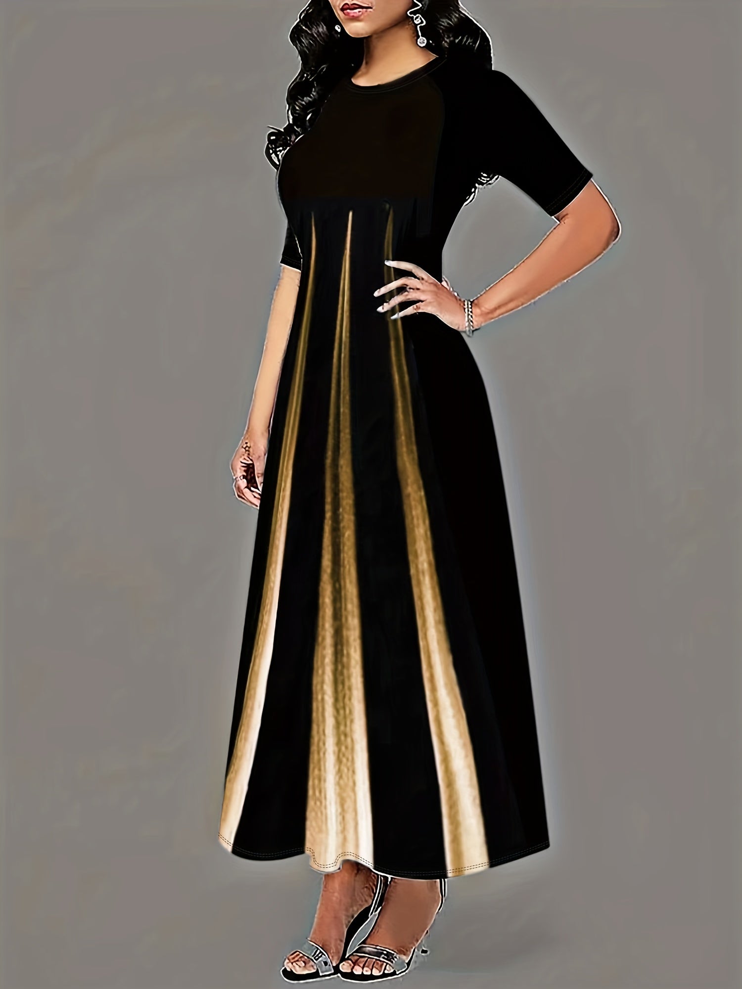 Eye-Catching Graphic Print Vintage Maxi Dress - Timeless Crew Neckline, Short Sleeves - Fashionable Womens Clothing, Flowy Maxi Length, Vintage-Inspired Design