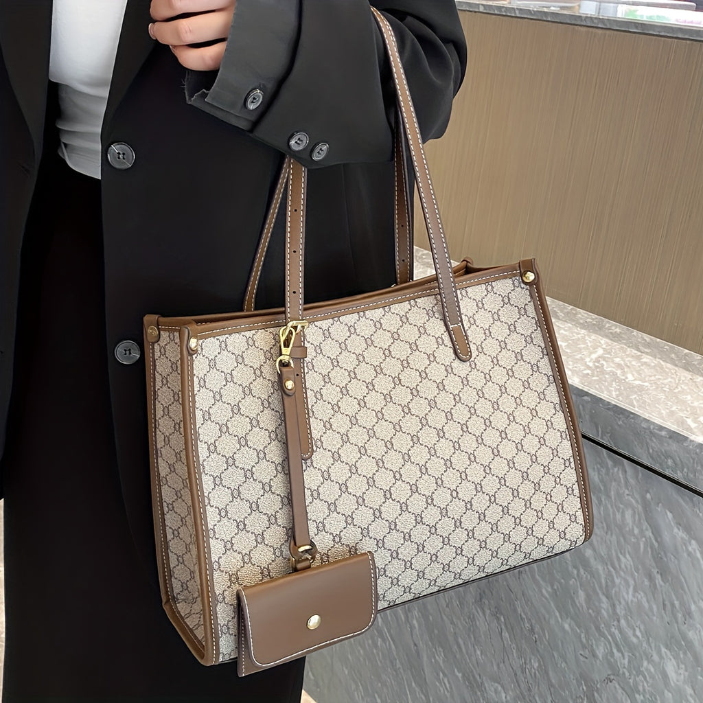 Trendy Colorblock Tote Bag, Retro Large Capacity Square Shoulder Bag With Hanging Mini Purse For Women