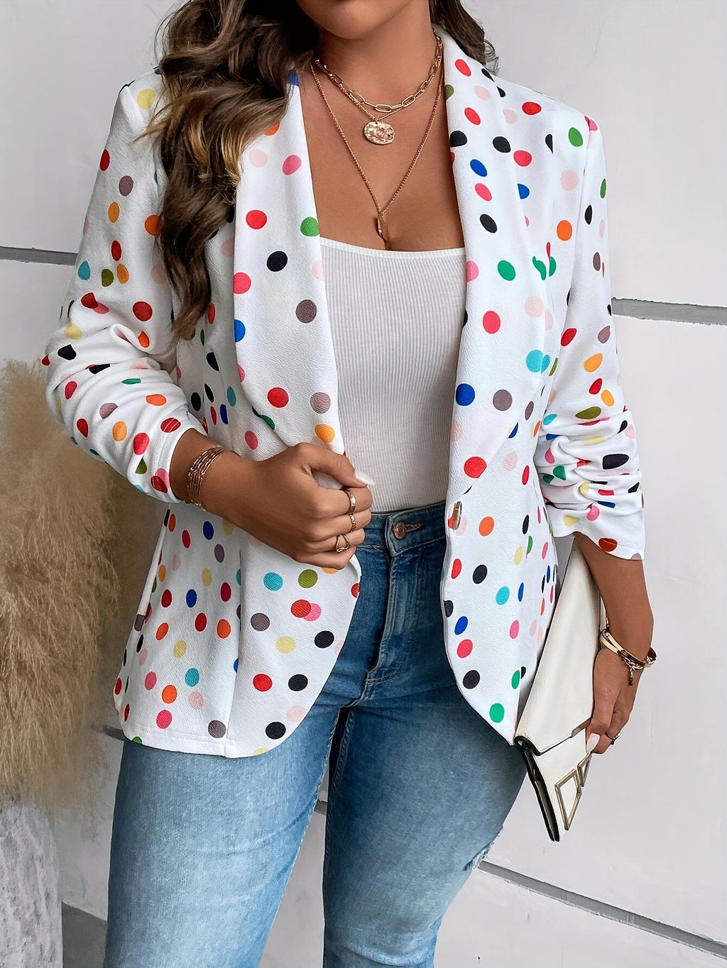 Plus Size Polka Dot Pattern Button Blazer, Elegant Long Sleeve Blazer For Office & Work, Women's Plus Size Clothing