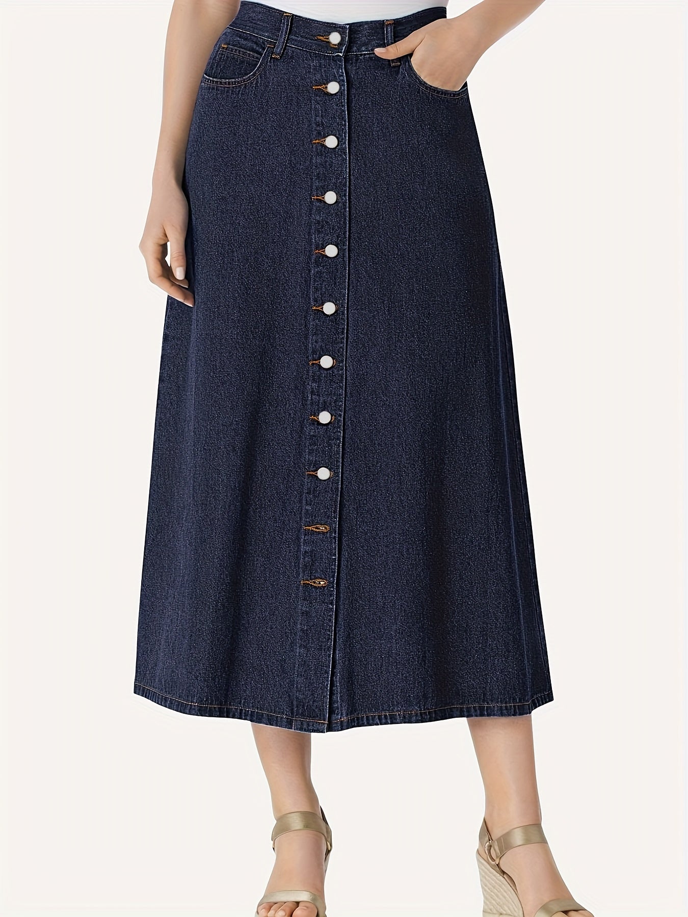 Women's Plus Size Perfect Plain Dark Washed Blue Button-Front Casual A-Line Maxi Denim Skirt