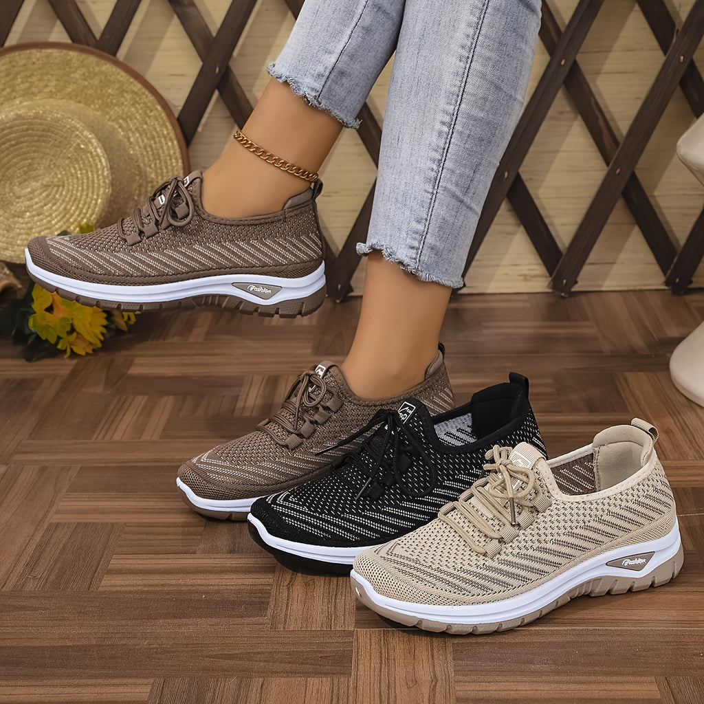 Women'S Breathable Casual Sports Shoes, Knitted Striped Pattern Lace-Up Comfortable Travel Sneakers, Outdoor Anti-Slip Lightweight Walking Beach Vacation Tennis Shoes, Women'S Sneaker, High Cut Shoe Without Lace, Aerobics Dan